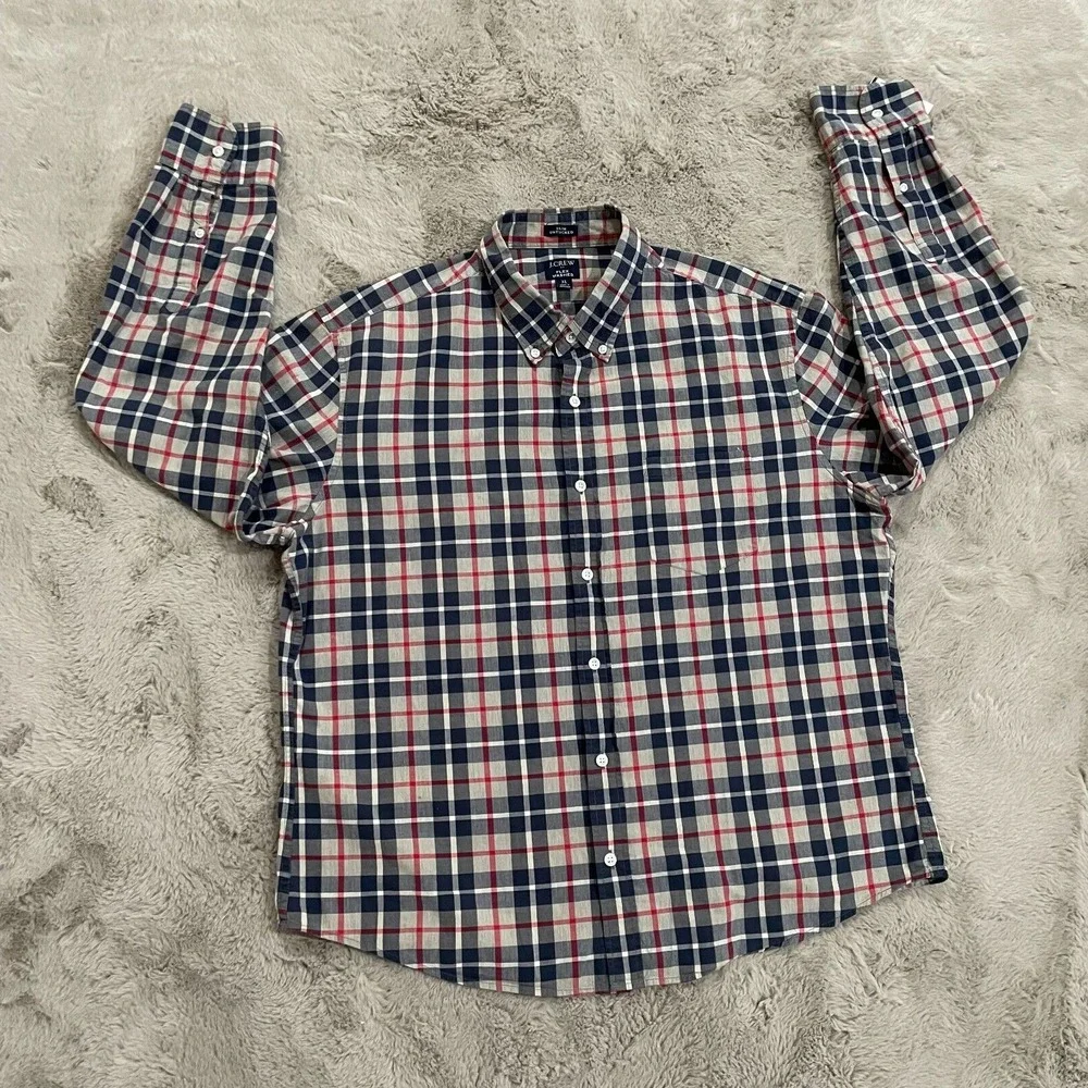 J Crew Mens Size XL Slim Untucked Flex Washed Blue Red Plaid Button Shirt School